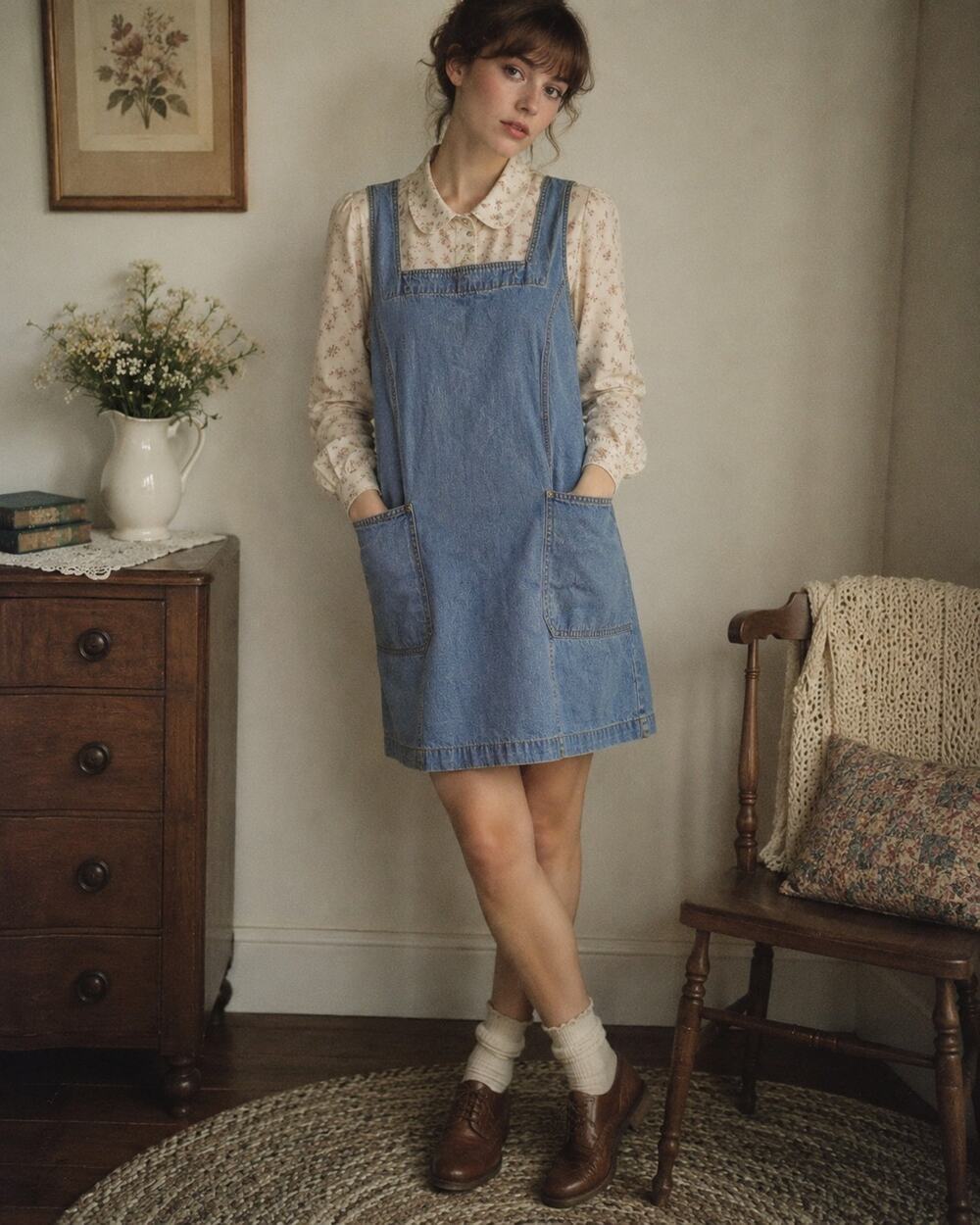 Vintage Cherokee Denim Jumper Dress Womens L 90s Cottagecore Pinafore Overall